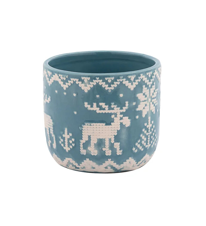 Blue Embossed Reindeer Planter