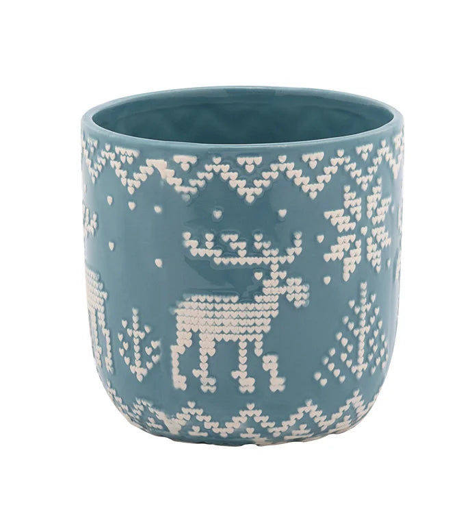 Blue Embossed Reindeer Planter